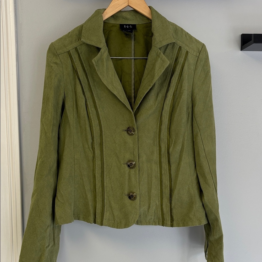 R&K Olive Green Faux Suede Notched-Collar Women's Blazer Sz L